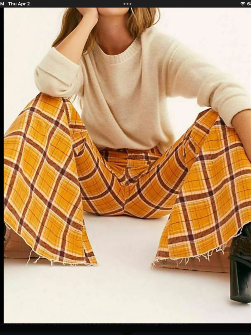 Free People women’s Yellow Plaid Wide Leg Flare Pants Size 32 Retro - Picture 3 of 15